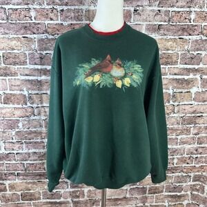 VTG Cardinal Bird Graphic Sweatshirt Women's Large‎ Green Crewneck Long Sleeve